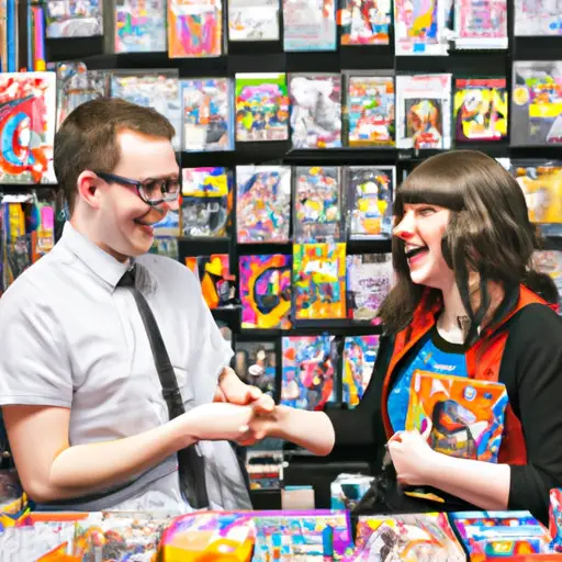 An image showcasing a nerdy couple engaged in a lively conversation at a comic book store, surrounded by shelves overflowing with graphic novels, action figures, and board games, highlighting the vibrant community and shared interests found on dating sites for nerds