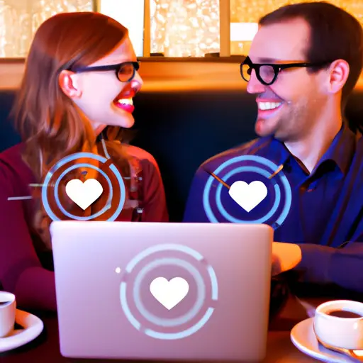 An image showcasing a beaming couple, both wearing glasses, sitting at a cozy cafe table