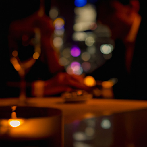 An image showcasing a blurred silhouette of a man and a woman, both wearing wedding rings, sitting opposite each other at a candlelit table in a dimly lit restaurant, surrounded by vibrant city lights