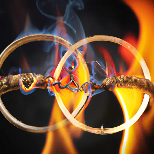 An image depicting two intertwined wedding rings, one on fire and the other cracked, symbolizing the controversial connection between Tinder and marriage