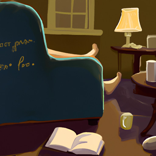 An image showcasing a cozy scene of a dimly lit living room, filled with scattered books, empty coffee cups, and an unmade couch, as a friend waits impatiently outside the door, tapping their foot