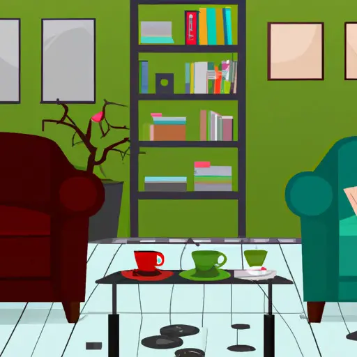 An image showcasing a cozy living room divided into two distinct spaces: one side filled with books, plants, and a comfortable armchair for solitary moments, and the other side featuring a shared couch, a board game, and two mugs of coffee