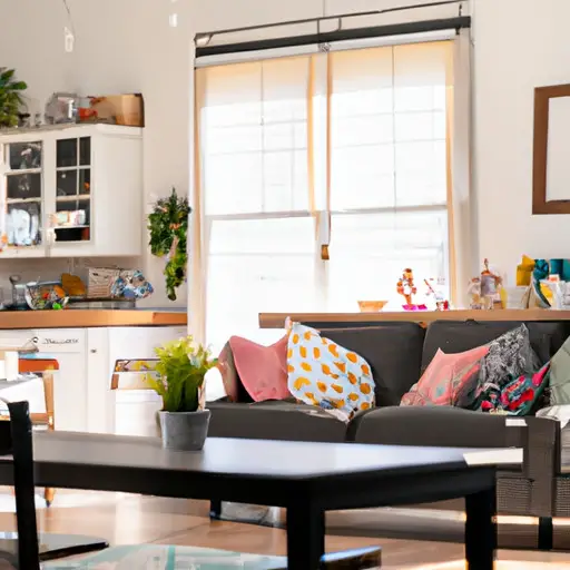 the essence of living with your girlfriend in a cozy apartment: a sunlit room with mismatched throw pillows on a comfy couch, a shelf adorned with framed memories, and a kitchen counter filled with fresh ingredients and shared laughter