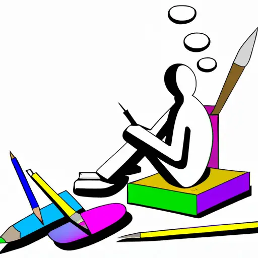 An image that depicts a person sitting in front of a blank canvas, surrounded by a diverse array of paintbrushes, pens, and pencils