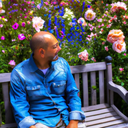 An image capturing a person sitting on a park bench, surrounded by vibrant flowers in full bloom