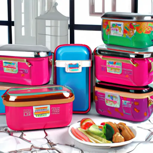 An image showcasing an array of lunch boxes adorned with various designs and patterns, each reflecting a unique personality