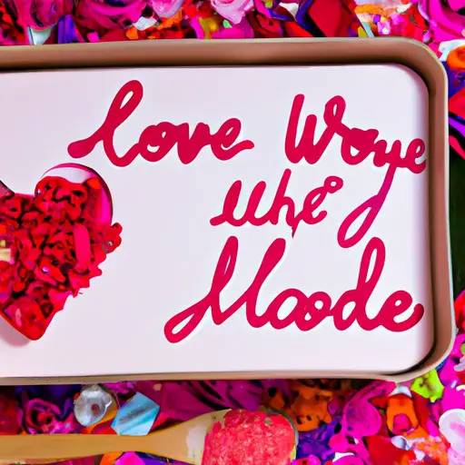 An image featuring a vibrant, heart-shaped lunch box filled with a variety of handwritten love notes, surrounded by scattered rose petals and a handwritten message saying "Made with Love