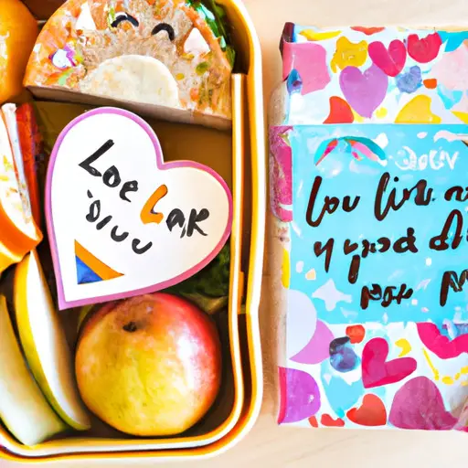 An image showcasing a colorful lunch box filled with heart-shaped notes adorned with quirky illustrations and encouraging messages, nestled among delicious homemade treats like sandwiches, fruits, and cookies