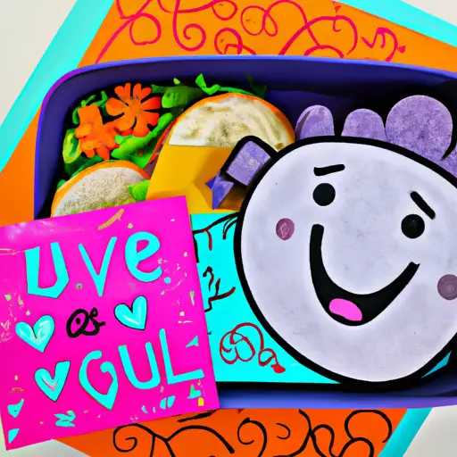An image featuring a vibrant lunchbox filled with delicious treats and a handwritten love note, adorned with whimsical doodles and a big smiley face