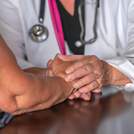 An image of a doctor gently holding the hand of a patient, their eyes filled with empathy as they listen attentively