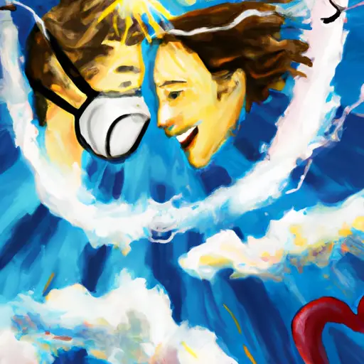  the essence of an exhilarating romance by depicting a doctor and their partner skydiving, their faces painted with awe and delight, as the wind carries them through a vivid, azure sky