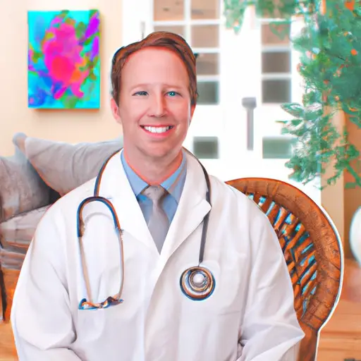 An image showcasing a smiling doctor in a crisp white coat, holding a stethoscope against their chest, with a warm, inviting waiting room in the background, filled with comfortable chairs, plants, and bright artwork