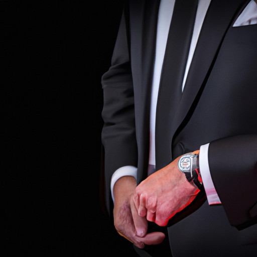 An image showcasing a dapper man wearing a tailored black suit with a crisp white pocket square, adorned with a sleek silver tie clip and a sophisticated wristwatch, adding a touch of elegance to his ensemble