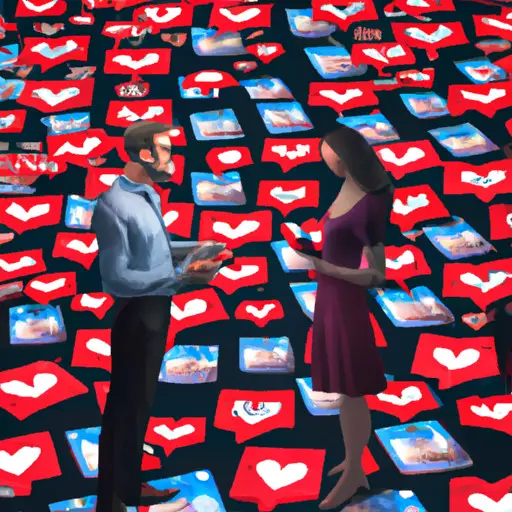 An image depicting a man and a woman surrounded by an overwhelming array of digital dating app icons, symbolizing the illusion of choice in modern dating