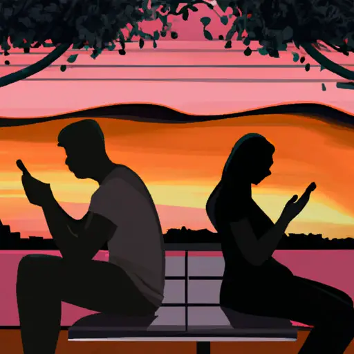 An image depicting a couple sitting silently on a park bench, engrossed in their smartphones while a beautiful sunset fades in the background, symbolizing the growing disconnect in modern dating