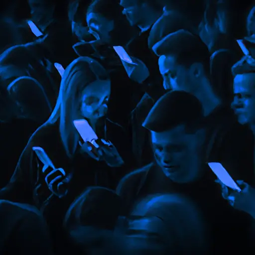 An image showcasing a lone figure surrounded by a sea of smartphones, their faces illuminated by the blue glow, as they desperately swipe left and right, symbolizing the exhausting and disconnected nature of modern dating