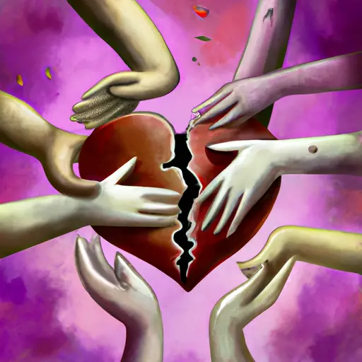 An evocative image of a shattered heart being tenderly held by a circle of caring friends and family, their arms wrapped tightly around you, offering solace and unwavering support during a time of heartbreak