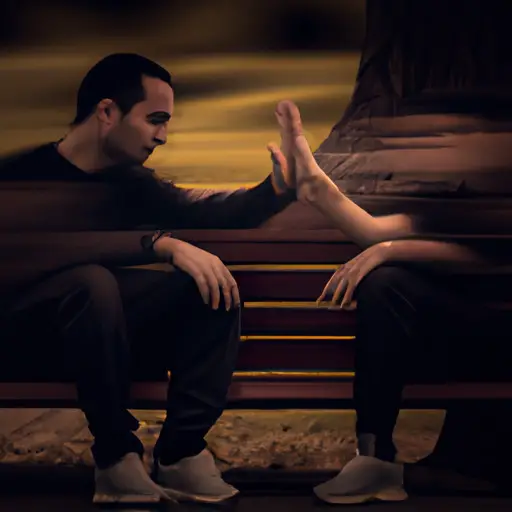 An image that depicts a couple sitting on a park bench, with the girlfriend's hand reaching out, while the boyfriend's face is obscured by darkness, symbolizing the impact of addiction on their relationship