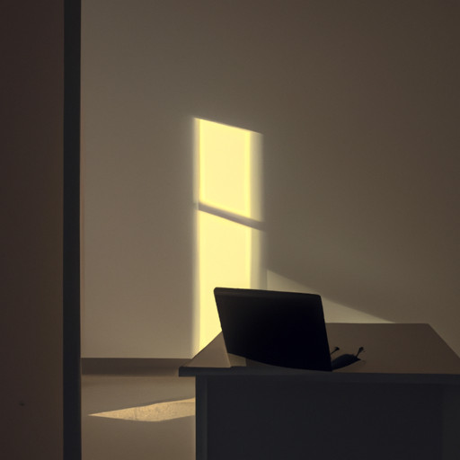 An image capturing the essence of solitude and introspection: a deserted room with a closed laptop, its screen reflecting faint rays of sunlight, casting a soft glow on the empty surroundings