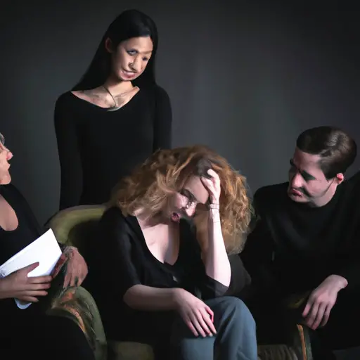 An image portraying a broken-hearted woman sitting on a couch, surrounded by her empathetic friends and a compassionate therapist