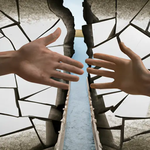 An image of two individuals standing on opposite sides of a cracked bridge, the gap symbolizing the shattered trust