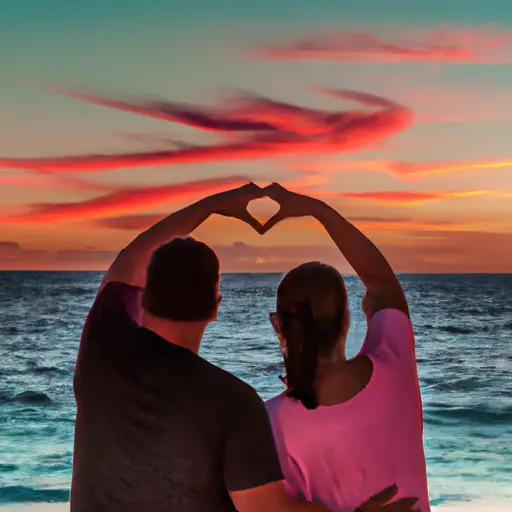 An image capturing a couple standing on a sandy beach at sunset, their intertwined hands forming a heart shape, as they gaze at the horizon filled with vibrant hues, reflecting their love and anticipation for the future