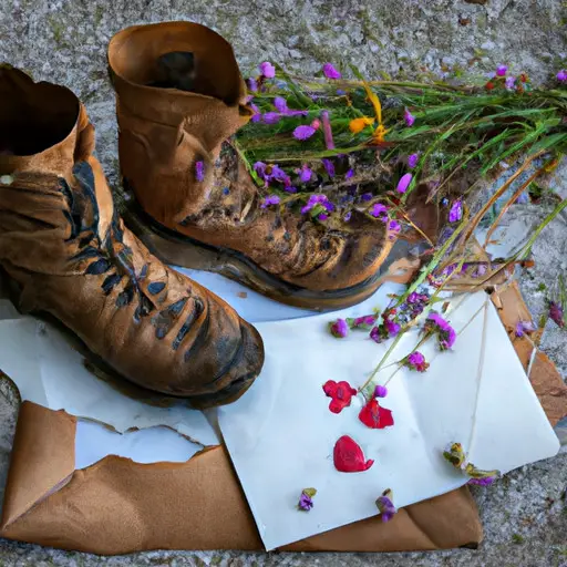 An image featuring a worn-out pair of hiking boots, placed next to a handwritten love letter on weathered parchment, surrounded by scattered wildflowers, capturing the essence of a heartfelt open letter to a beloved husband