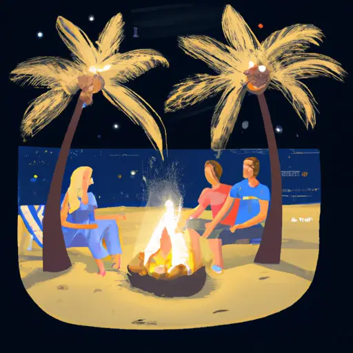 An image of two couples sitting around a cozy bonfire on a sandy beach, with waves gently crashing in the background