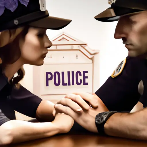 An image depicting a police officer couple sitting face-to-face, holding hands, their eyes reflecting understanding and trust