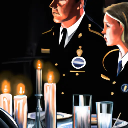 An image depicting a police officer couple sitting silently at opposite ends of a dimly lit dinner table, their uniforms draped over their chairs