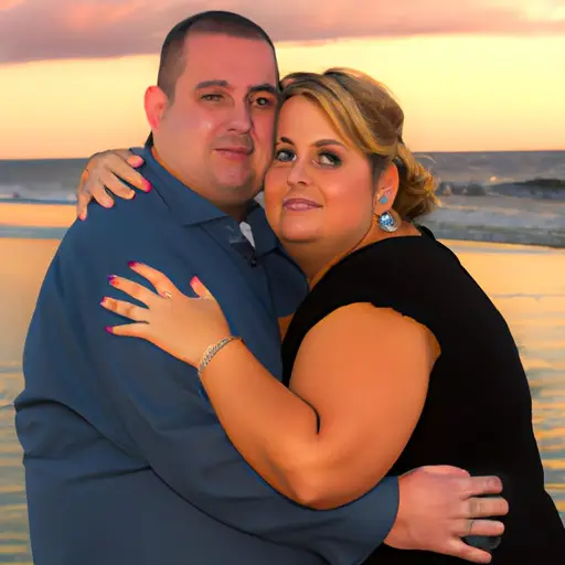 An image of a plus size couple embracing on a scenic beach at sunset, their arms wrapped around each other, heads gently tilted, with a soft smile on their faces, radiating love and intimacy