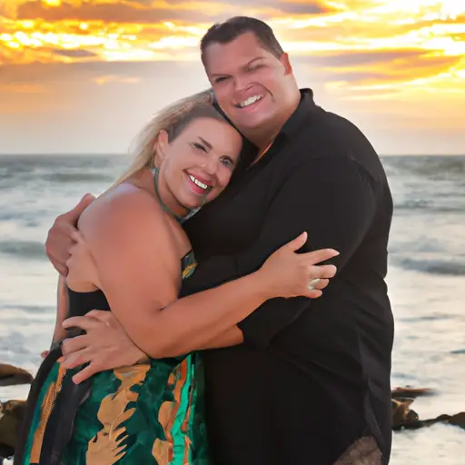 An image showcasing a plus-size couple standing on a tranquil beach at sunset, embracing each other