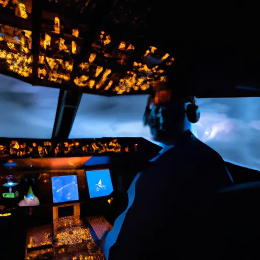 An image featuring a commercial pilot in a dimly lit cockpit, displaying intense focus while surrounded by a cluttered control panel and a stormy sky visible through the windshield, emphasizing the challenging work environment