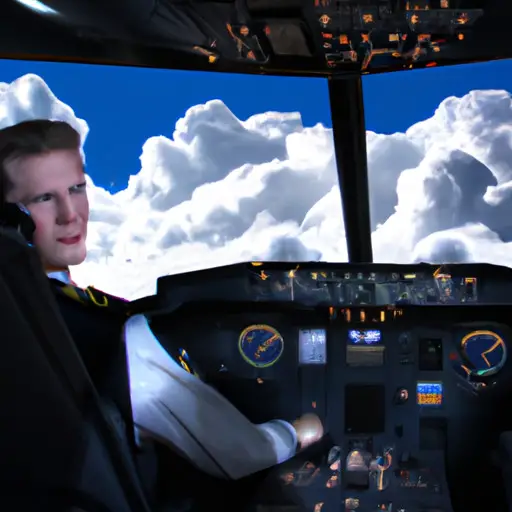 An image depicting a commercial pilot confidently sitting in a cockpit, surrounded by a serene sky