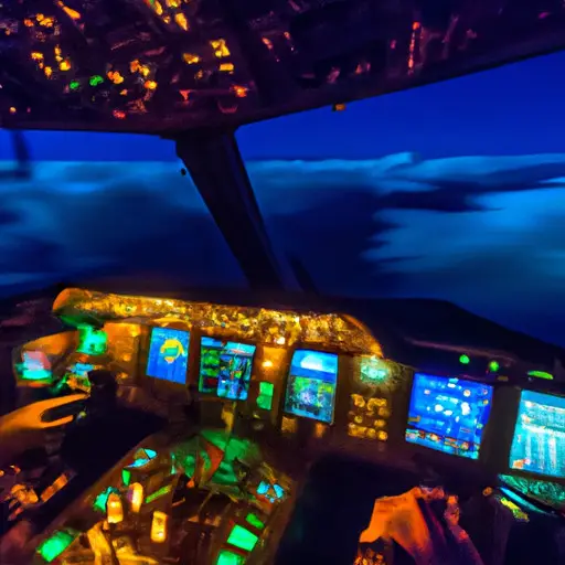An image capturing the thrill of a pilot's life: a cockpit illuminated by the vibrant glow of instrument panels, while breathtaking views of clouds and distant horizons paint a canvas of endless excitement and adventure