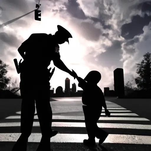 An image capturing the essence of a police officer's fulfillment, featuring a silhouette of an officer helping a child cross the street, radiating warmth and compassion amidst a bustling city, symbolizing the fulfilling moments and human connection experienced in their duty to serve and protect