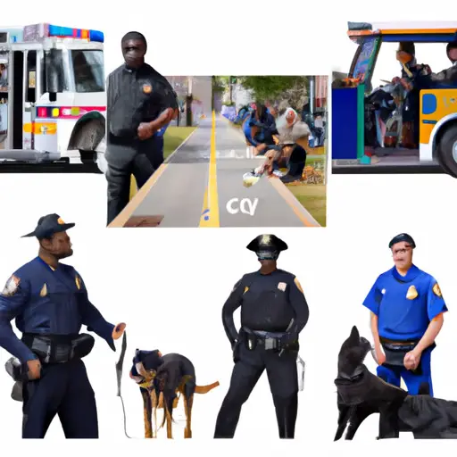 An image showcasing the diverse paths within law enforcement - depict a montage of police officers engaged in various roles: K9 unit, SWAT, detectives, community outreach, and traffic control, emphasizing the wide range of opportunities available