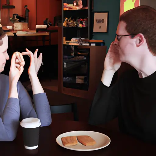 An image depicting a couple sitting at a cozy coffee shop, with the autistic partner engaged in direct eye contact, expressing their thoughts through sign language, while their neurotypical partner listens attentively, showcasing the power of clear communication