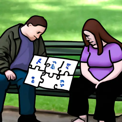 An image depicting two people sitting on a park bench, one engrossed in a detailed puzzle, while the other listens intently, showcasing the pros and cons of dating an autistic person