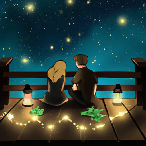 An image showcasing a couple sitting on a cozy wooden deck, surrounded by flickering lanterns and soft fairy lights