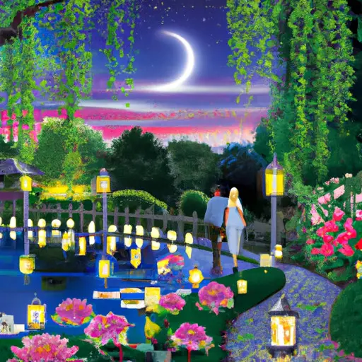 E the essence of a tranquil evening by illustrating a couple strolling hand in hand along a moonlit path, surrounded by a serene park adorned with softly glowing lanterns, blooming flowers, and gentle ripples in a calm pond