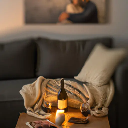 An image of a cozy living room with softly glowing candles casting warm shadows on a couple snuggled under a blanket, savoring a homemade charcuterie board and sharing a bottle of wine