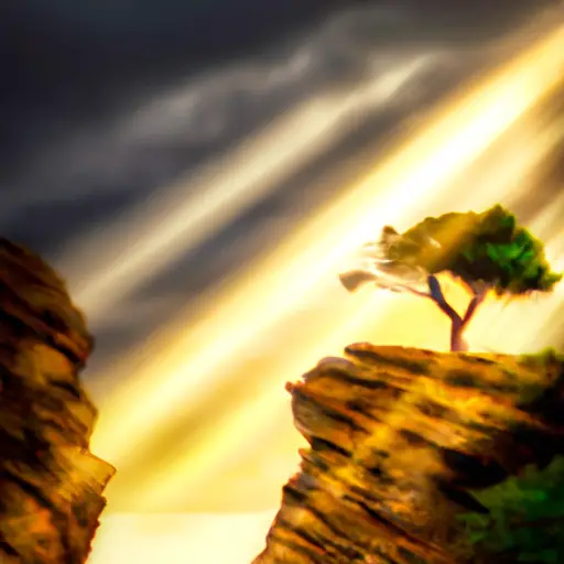 An image portraying a vibrant sunrise breaking through storm clouds, casting a golden glow on a solitary tree clinging to a rocky cliff, symbolizing resilience and the triumph over death's grasp