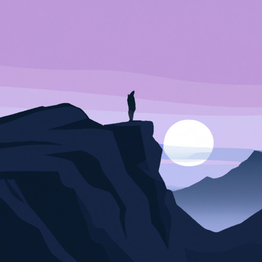 An image of a serene mountain landscape at sunset, with a solitary figure standing on the edge of a precipice, symbolizing resilience and defiance in the face of mortality