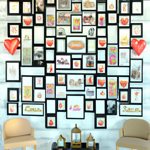 An image portraying a cozy living room scene with a beautifully decorated photo wall showcasing personalized photo gifts for your girlfriend – framed pictures, customized photo albums, and a heart-shaped collage