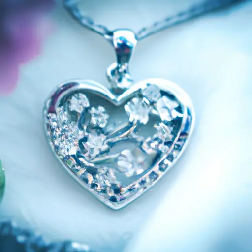 An image featuring a close-up shot of a delicate silver pendant necklace with a heart-shaped charm, adorned with intricately crafted flowers and surrounded by sparkling gemstones, showcasing the artistry of handmade jewelry