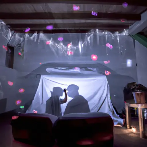 An image showcasing a cozy living room scene with a couple playfully constructing a unique fort from bedsheets, fairy lights illuminating their faces, while a projector displays a romantic movie on the wall