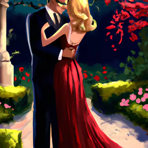  an image showcasing a couple embracing in a scenic garden setting, with the woman elegantly dressed in a captivating red dress, while the man complements her in a dashing navy suit