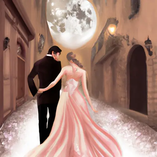 An image of a couple strolling down a moonlit cobblestone street, the woman adorned in a flowing, blush pink gown with delicate lace details, emanating an air of elegance and romance