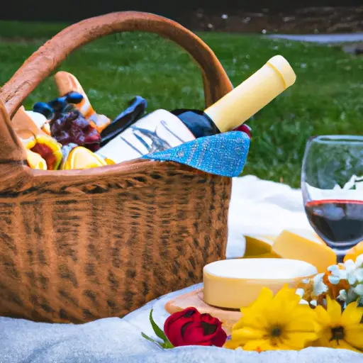 An image showcasing a charming picnic set-up with a rustic wicker basket filled with delectable wine and cheese pairings